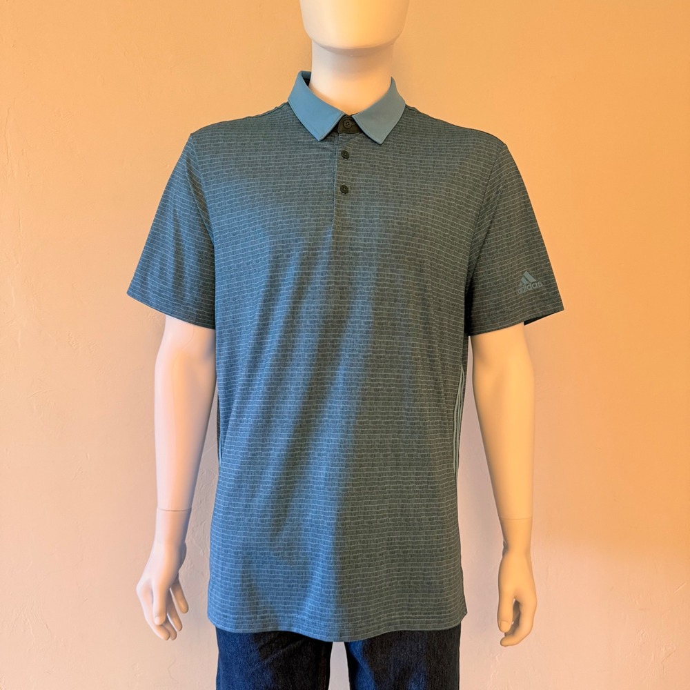 Adidas Mens Golf Polo Shirt Blue Grey Striped‎ Short Sleeve Size  L
